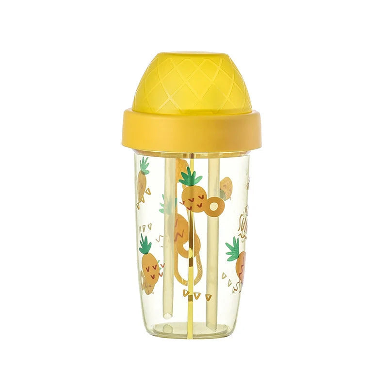 Double straw water cup with leak-proof design and cartoon patterns