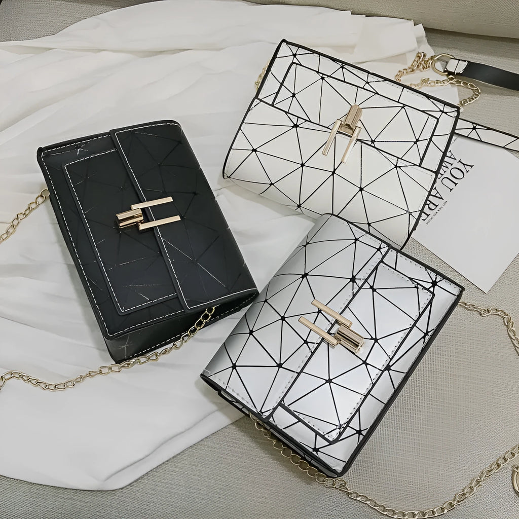 Geometric rhombic square PU cross body bag with chain handle, available in light grey