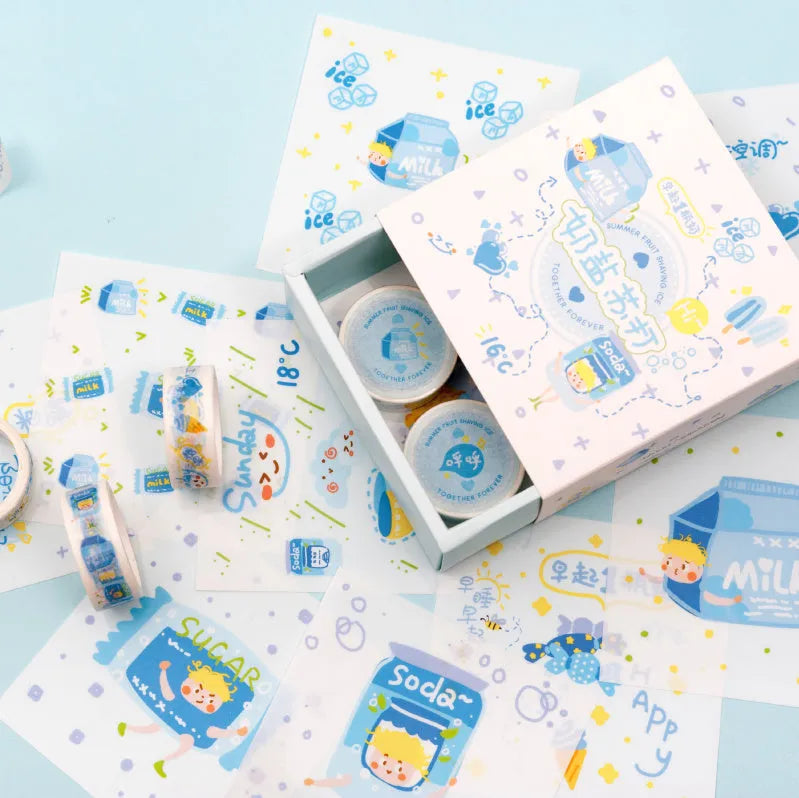 Box of five fruit tape sticker rolls in styles A B C D E with detailed fruit patterns on clear PET
