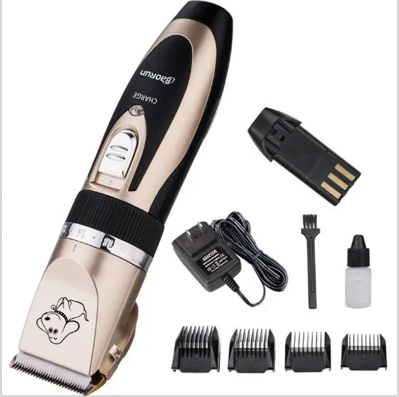 Golden professional pet grooming kit with cordless clippers, four comb attachments, nail clippers, and cleaning brush