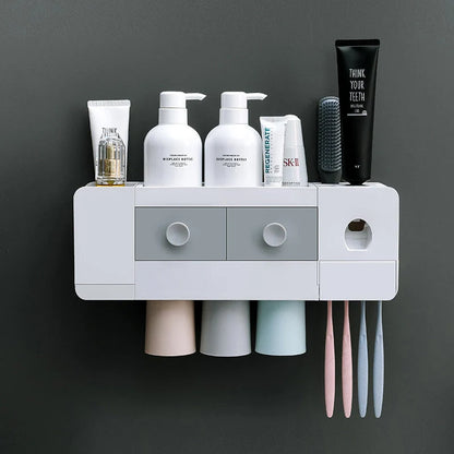 Wall-mounted magnetic toothbrush rack with automatic toothpaste dispenser in white plastic