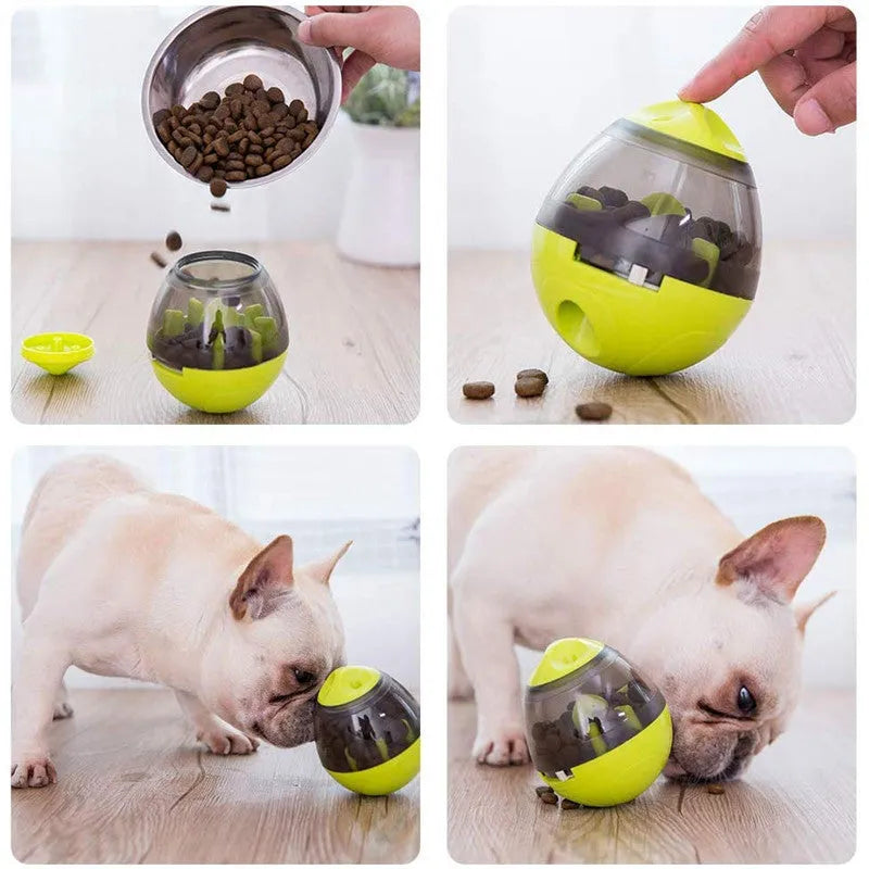 Dog food leaker puzzle toy in blue plastic with compact dimensions for slow feeding