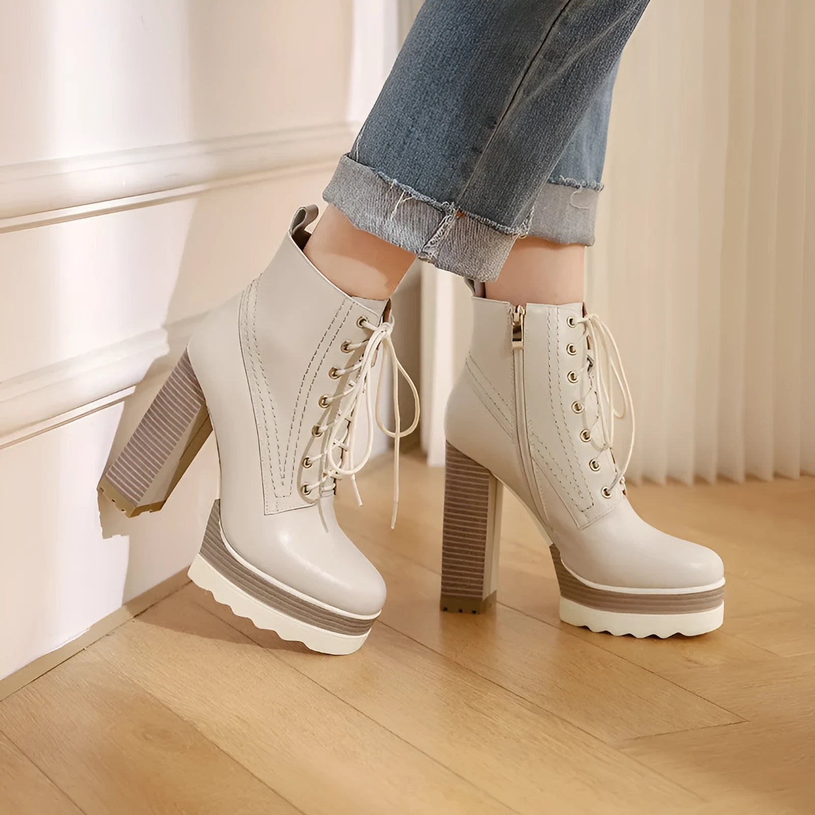 Women's black waterproof platform boots with chunky heel and side zipper