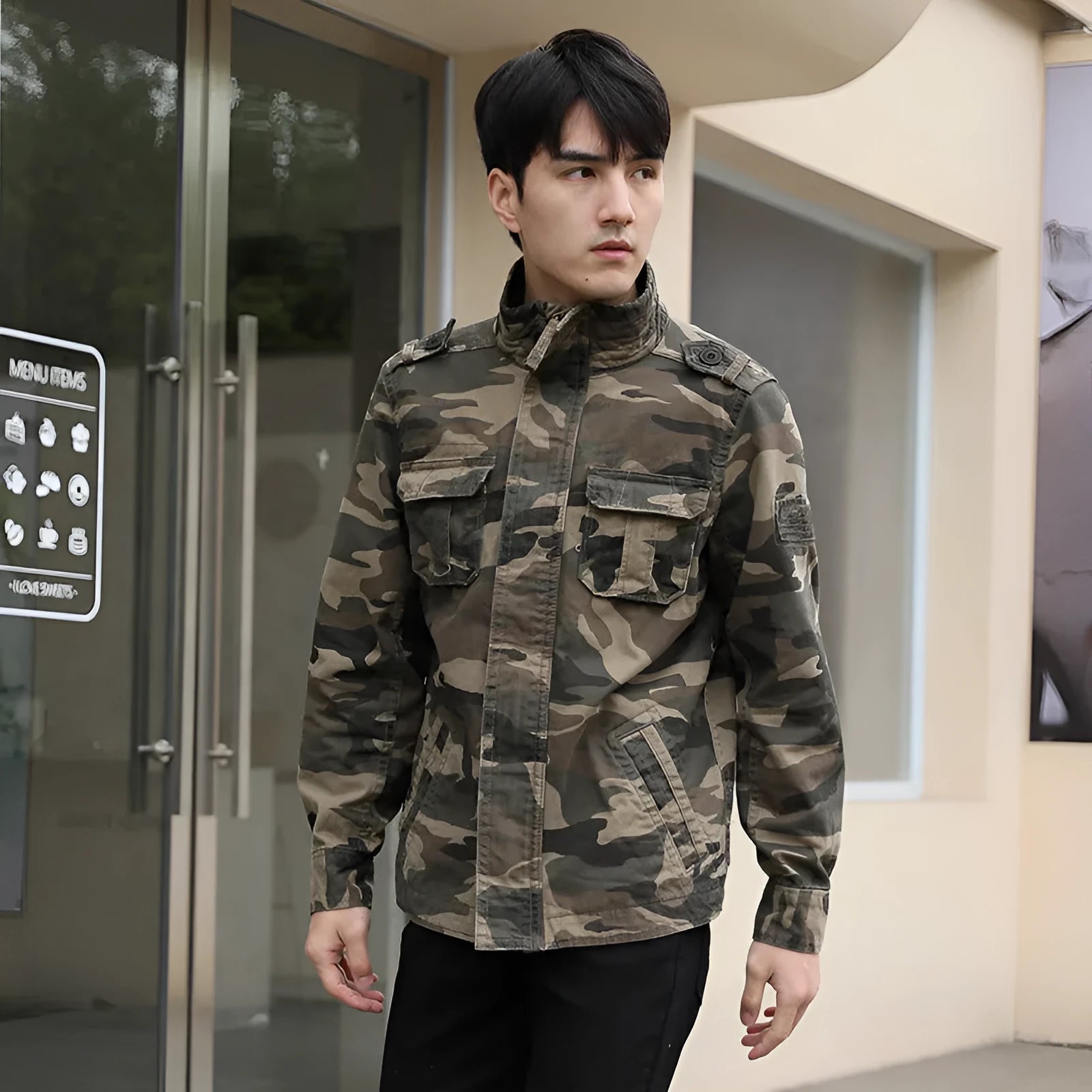 Autumn men's cotton camouflage work jacket in green camouflage, loose fit, front view