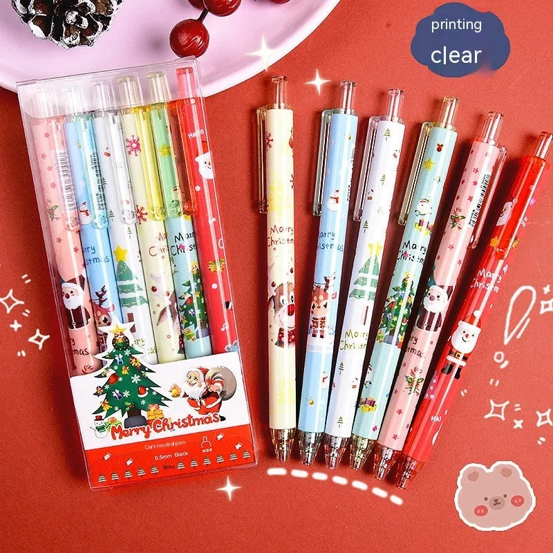 Set of six black ink cartoon design pens packaged as a Christmas reward gift.