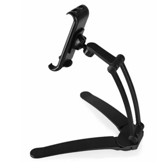 Silver aluminium alloy desktop tablet stand holding a tablet at an adjustable angle
