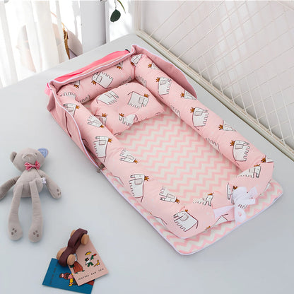 Foldable cotton portable baby crib in Animal World Blue, 90x50 cm with pillow and strap, weighing 1.3 kg