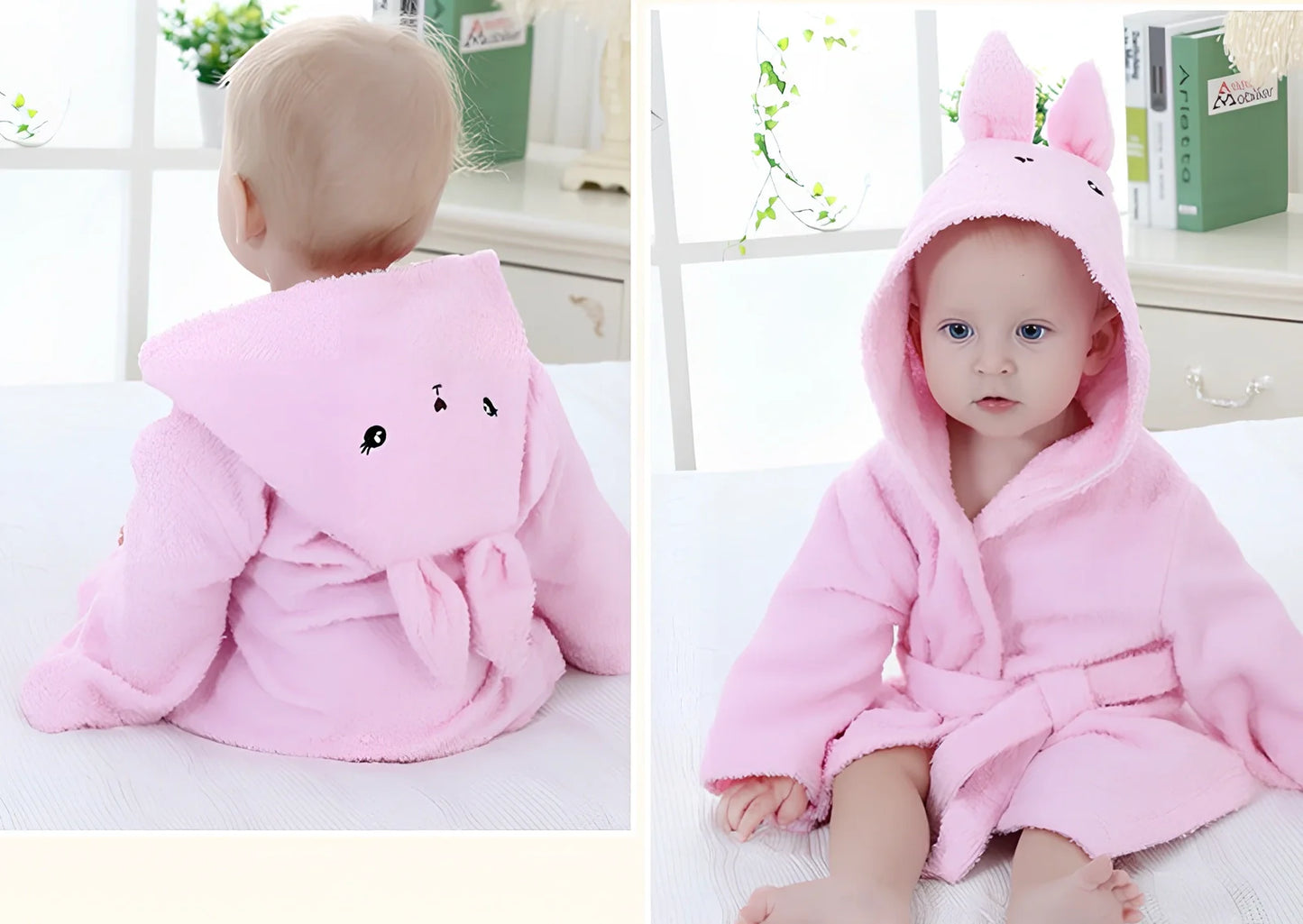 Cotton baby bathrobe with animal hood showing panda design, belt fastening, and absorbent fabric