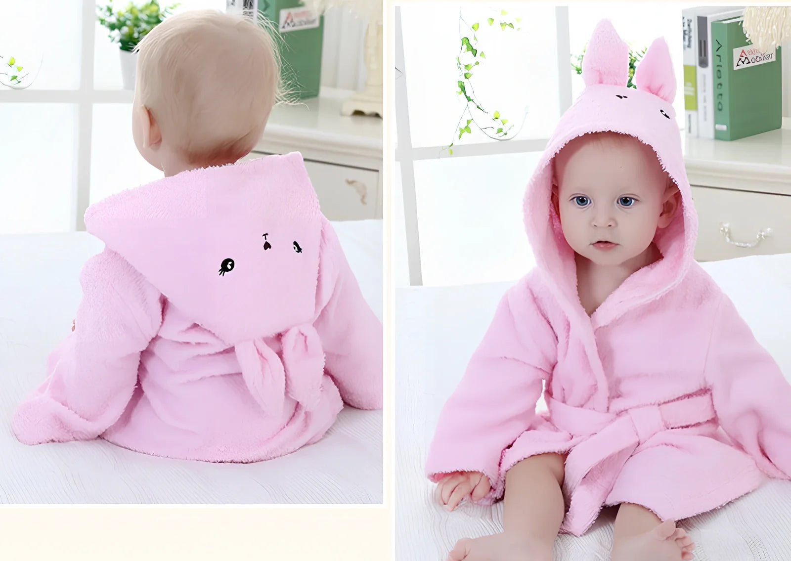 Cotton baby bathrobe with animal hood showing panda design, belt fastening, and absorbent fabric