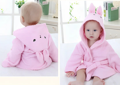 Cotton baby bathrobe with animal hood showing panda design, belt fastening, and absorbent fabric