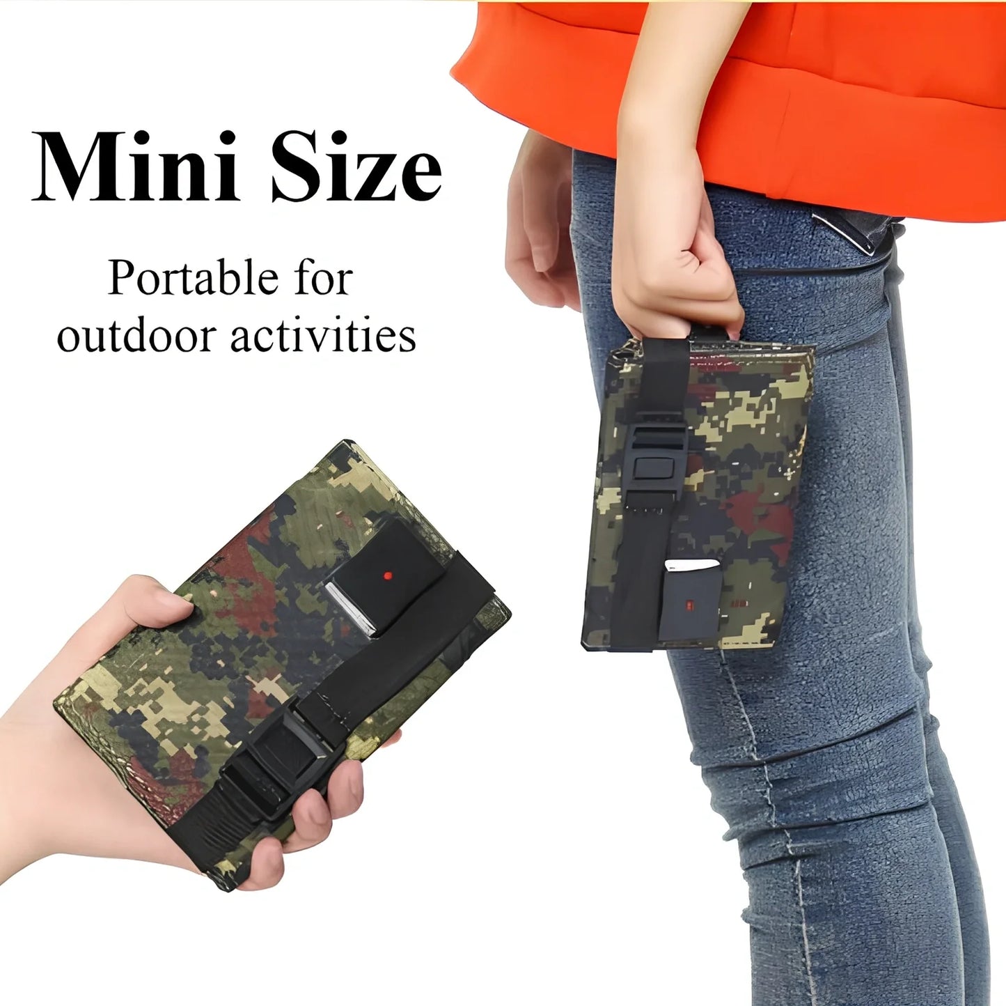 8W folding solar charger with expanded monocrystalline panel showing USB output port