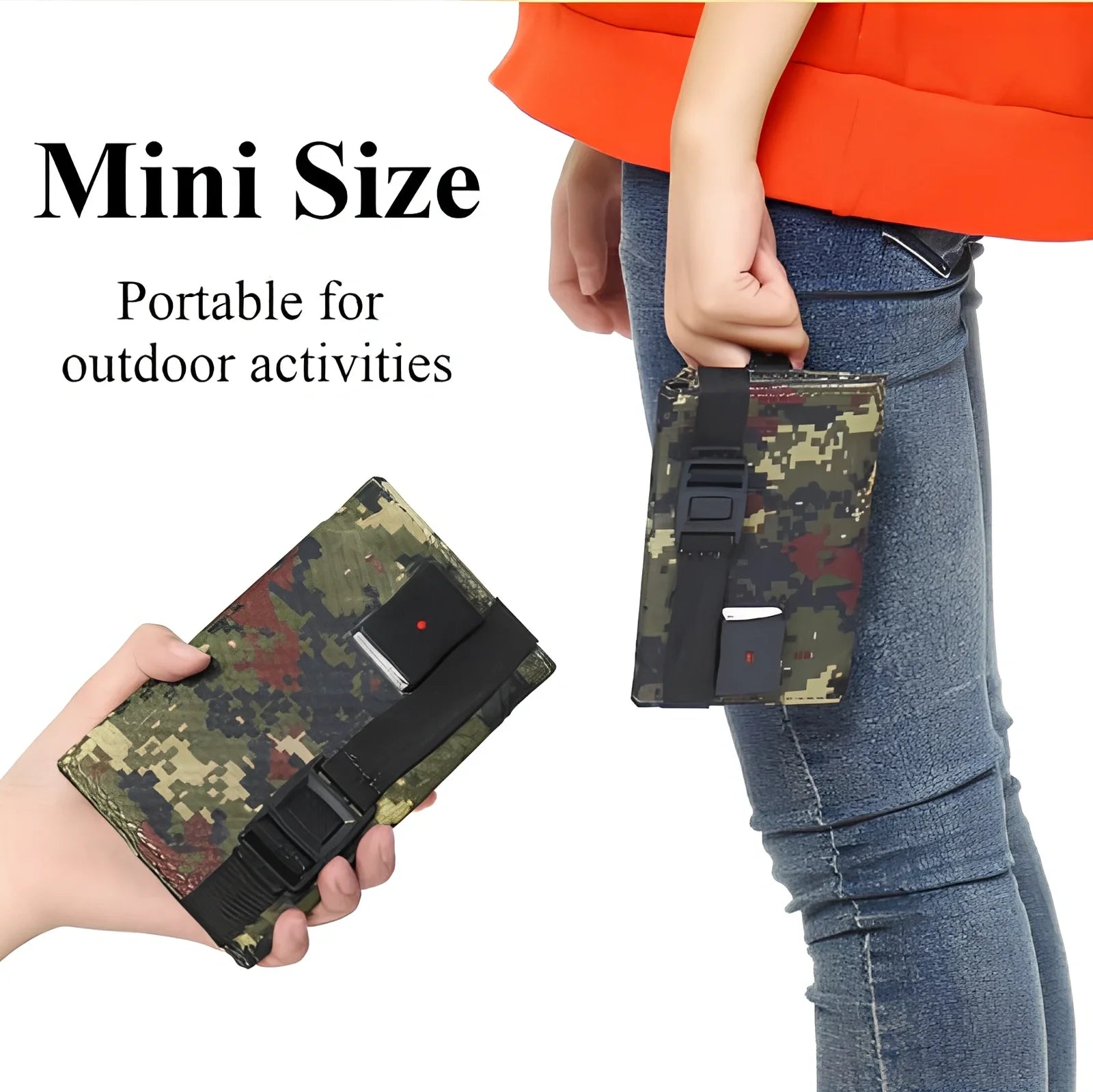 8W folding solar charger with expanded monocrystalline panel showing USB output port