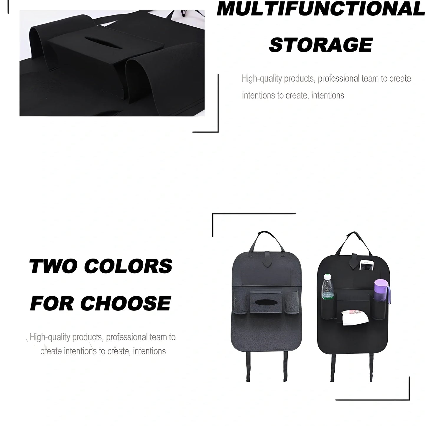 Wool felt car seat organiser bag with multiple pockets measuring 33cm wide