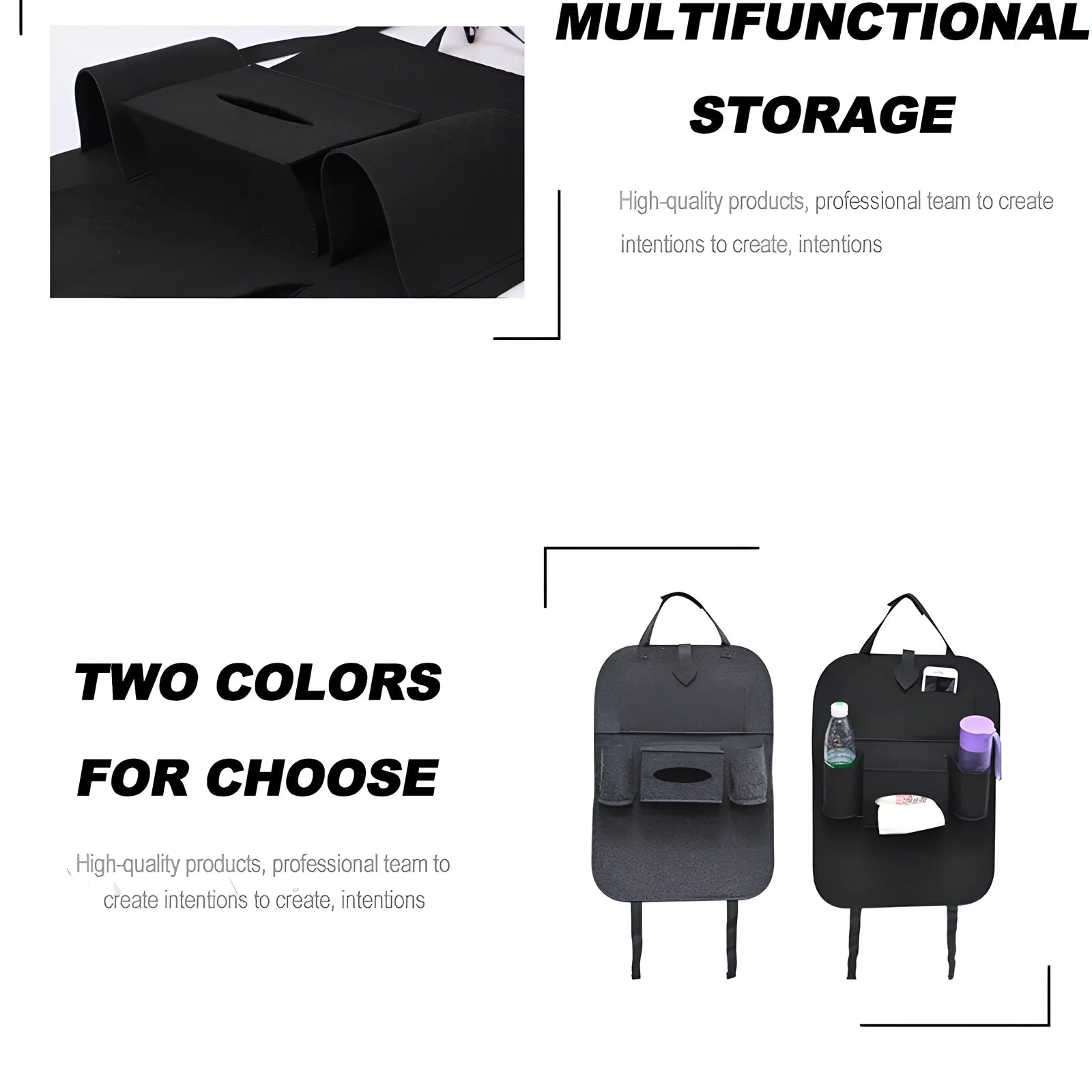 Wool felt car seat organiser bag with multiple pockets measuring 33cm wide