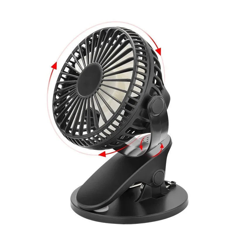 White USB rechargeable clip fan with plastic blades attached to a stroller.