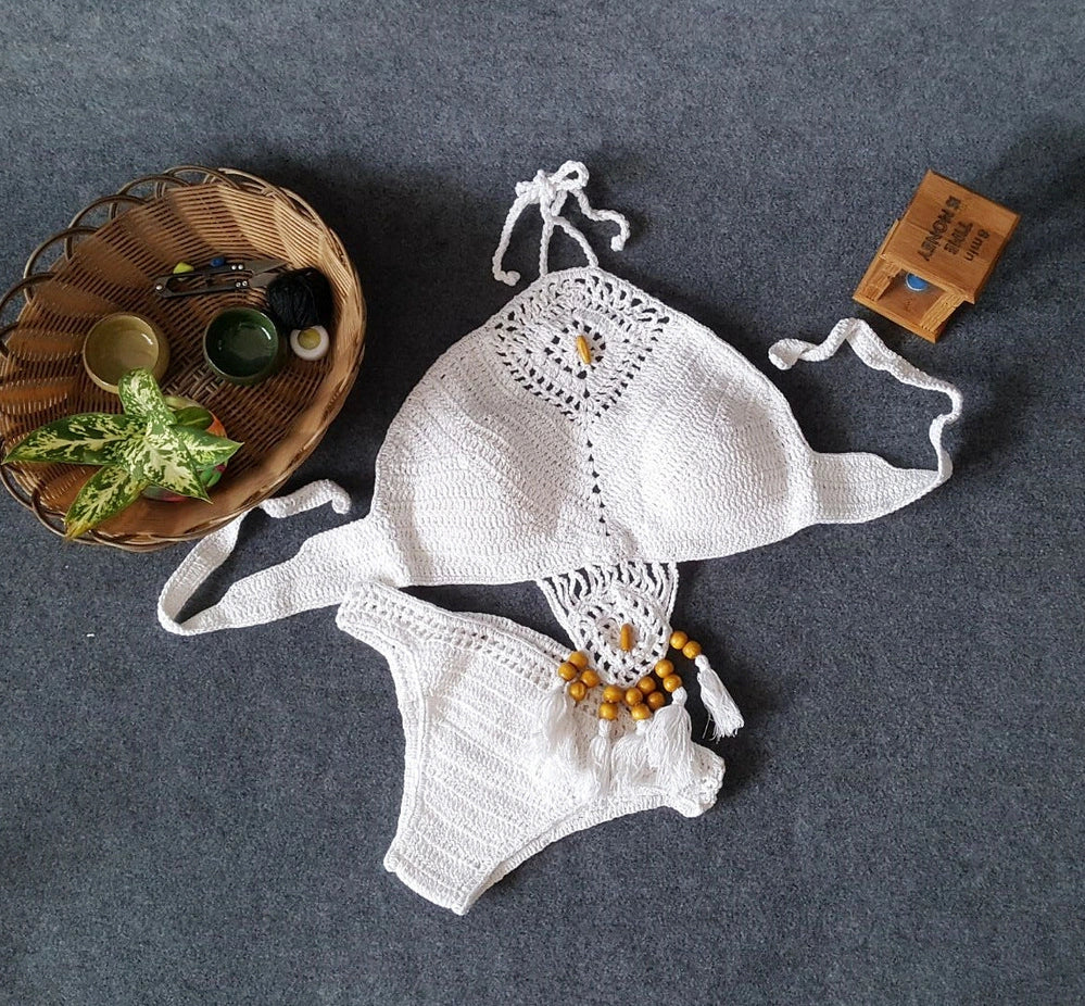Crochet tassel bikini set with adjustable ties in black, khaki, and white colours showing front and back views