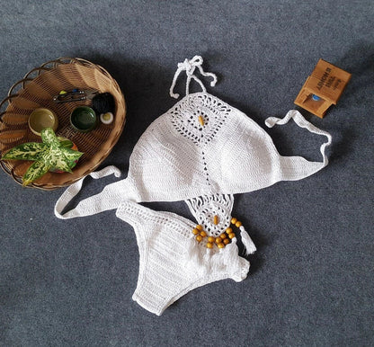 Crochet tassel bikini set with adjustable ties in black, khaki, and white colours showing front and back views