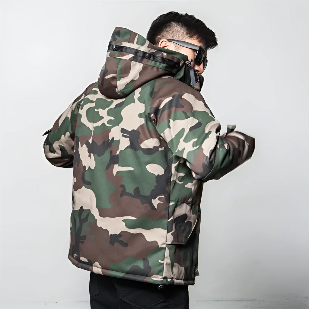 Men's winter camouflage cotton jacket with zip closure and hood, camouflage pattern, sizes S-XXXL