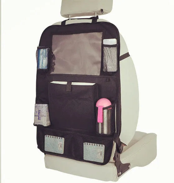 Car seat back storage bag 65x45cm 600D Oxford cloth mesh PVC hanging on seat back with compartments visible