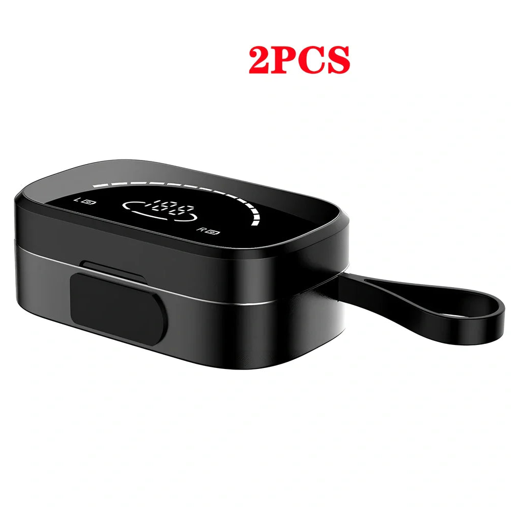 Black wireless Bluetooth 5.0 earbuds with charging case, IPX5 sweat-proof for sports, 10m range