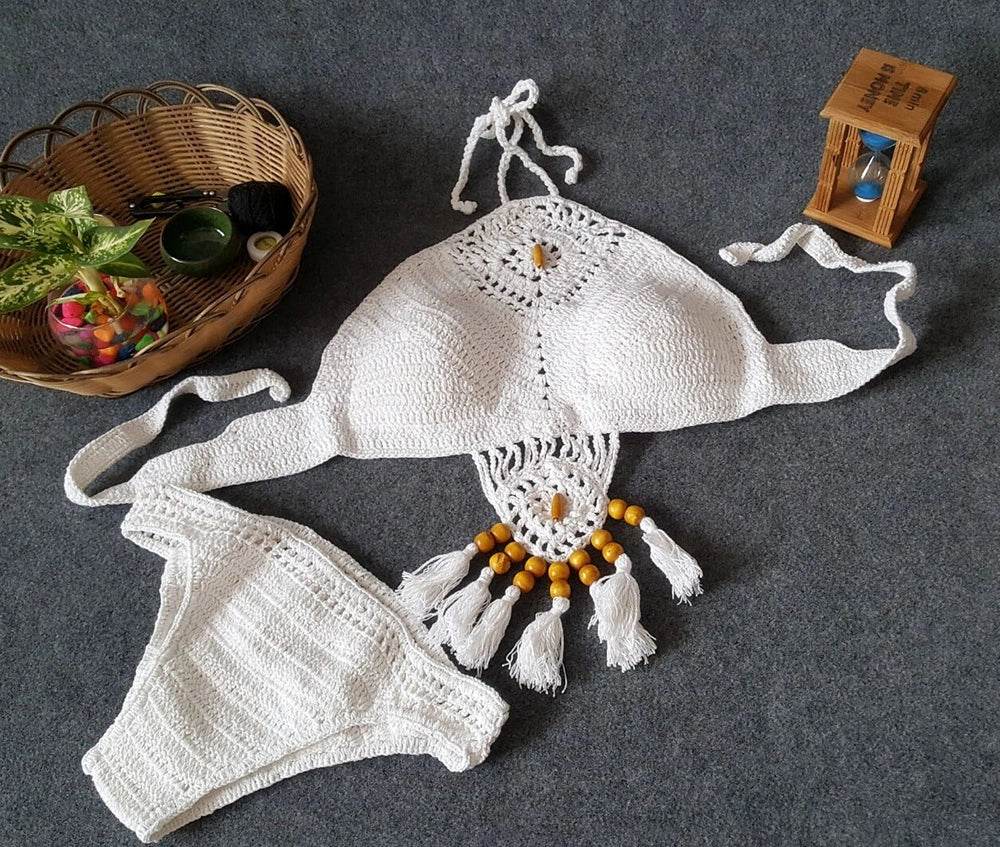 Crochet tassel bikini set with adjustable ties in black, khaki, and white colours showing front and back views