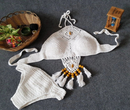 Crochet tassel bikini set with adjustable ties in black, khaki, and white colours showing front and back views