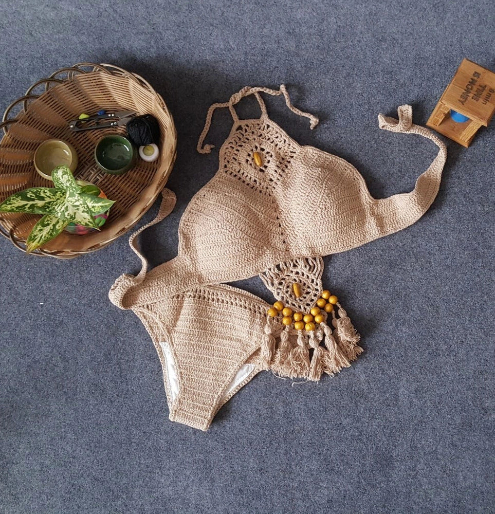 Crochet tassel bikini set with adjustable ties in black, khaki, and white colours showing front and back views