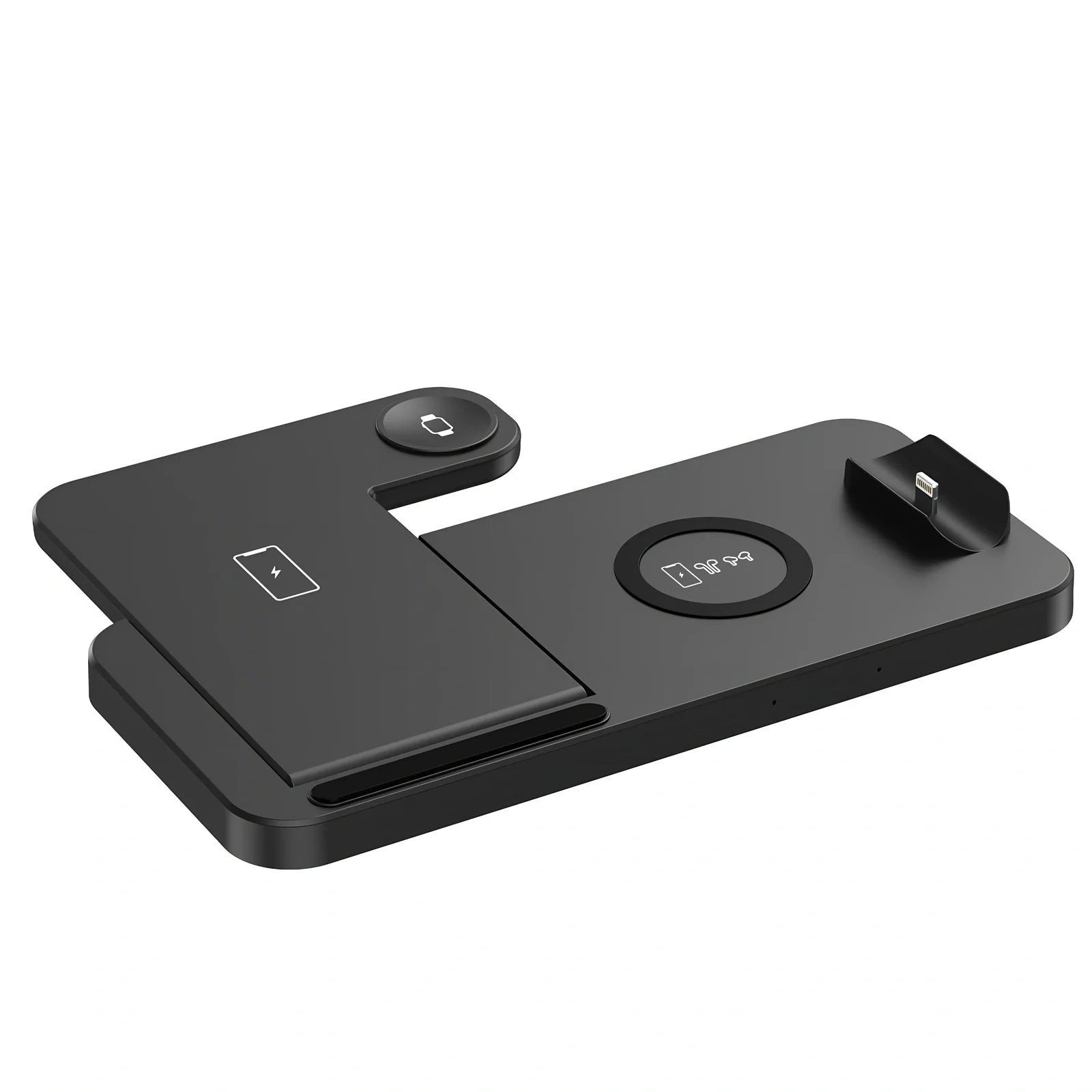 Black three-device wireless charger with phone and watch charging on non-slip base