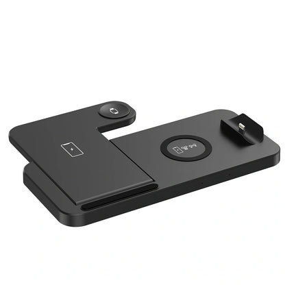 Black three-device wireless charger with phone and watch charging on non-slip base