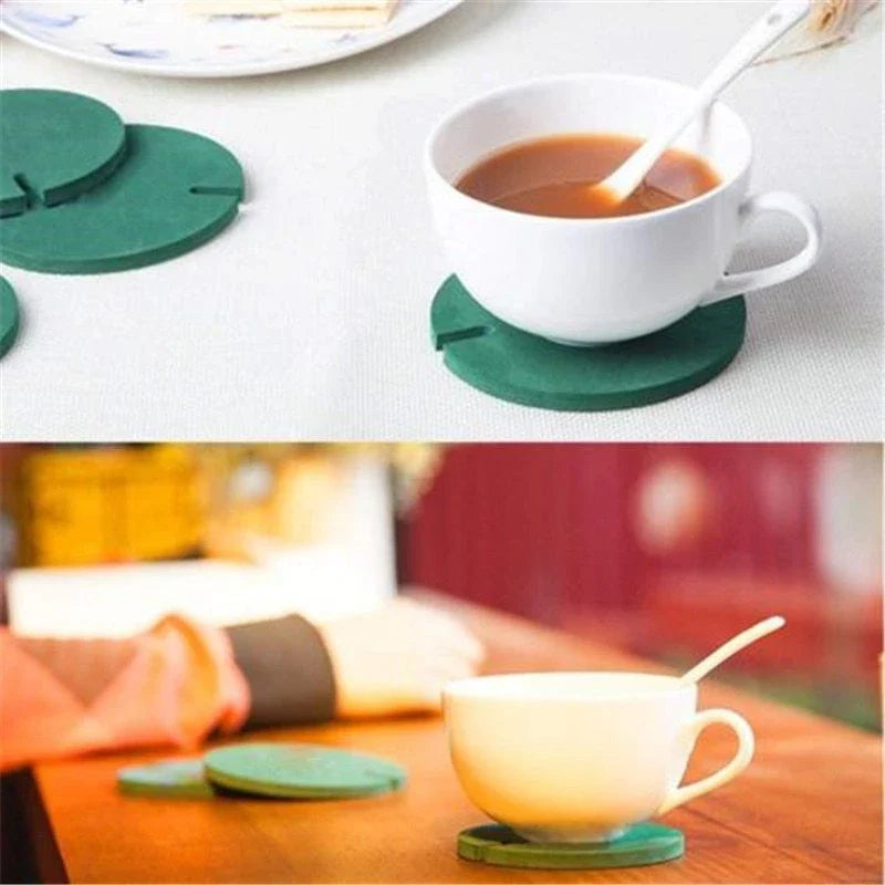 Green cactus-shaped coaster mat set with flowerpot holder for table protection and decoration