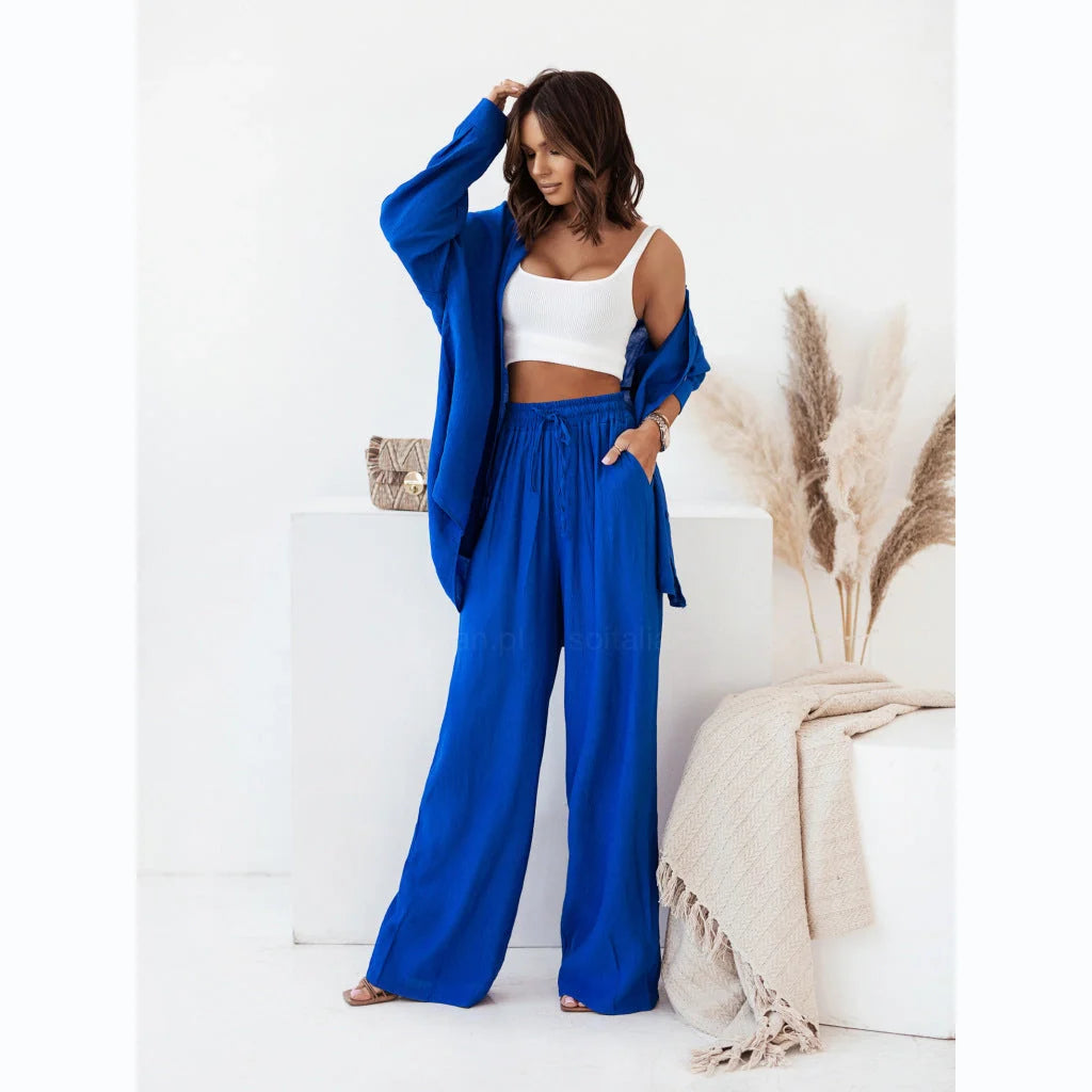 Solid colour long sleeve blouse and pants set in European and American Ins style