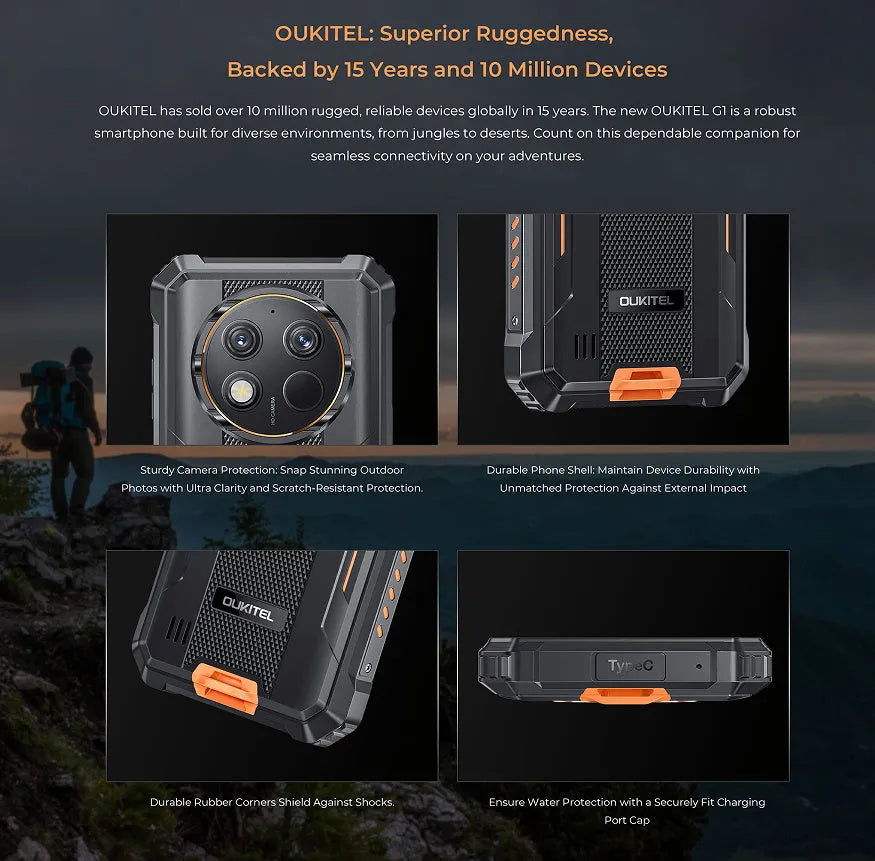 OUKITEL G1 mobile phone in grey, green and orange colours with charger and manual