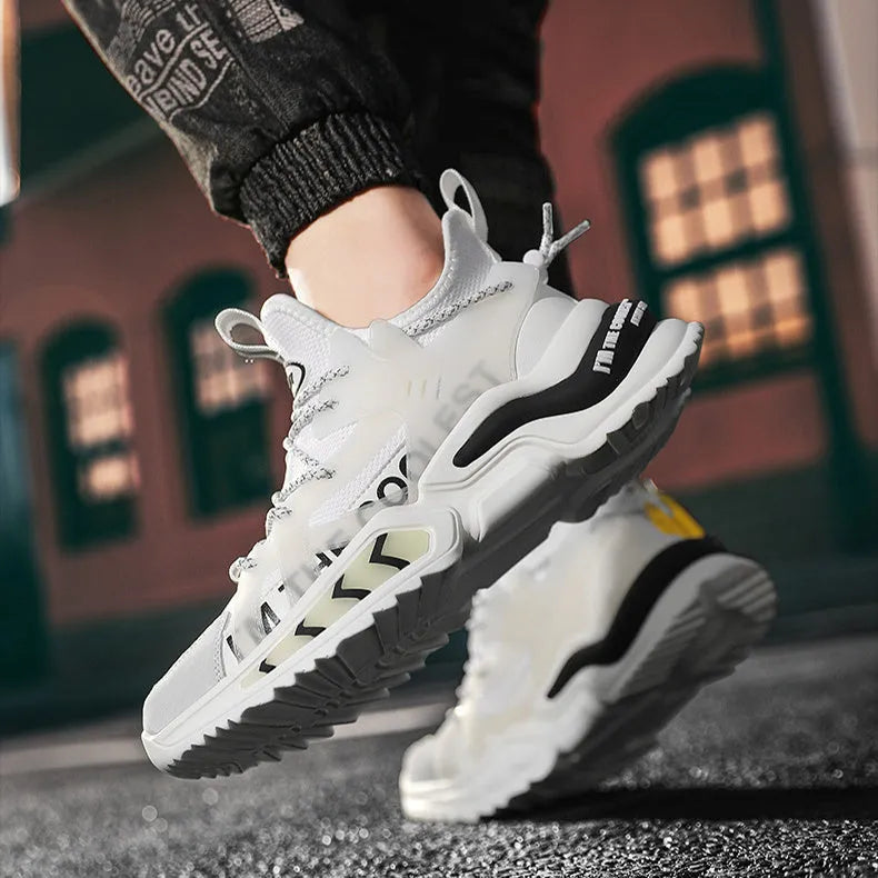 Men's fashion high top sneakers in white with PU mesh upper and thick sole for running and walking