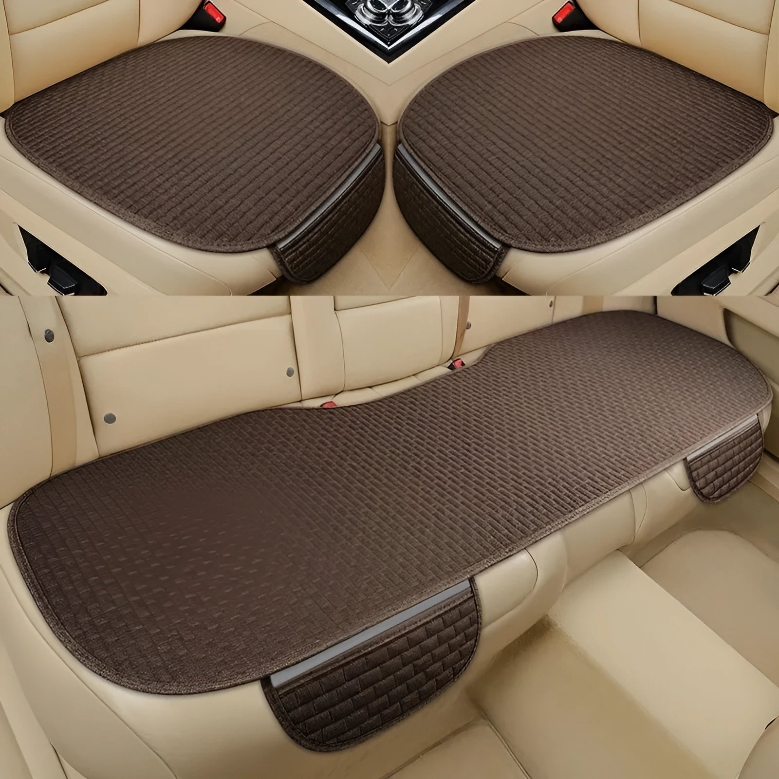 Linen fabric car seat cushion in a hemming style, shown in charm coffee colour on a car seat.