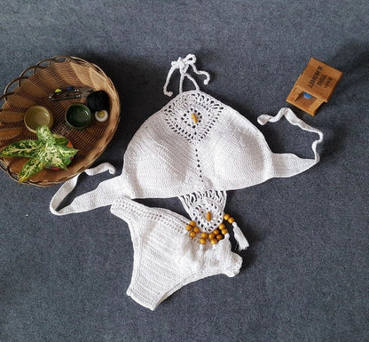 Crochet tassel bikini set with adjustable ties in black, khaki, and white colours showing front and back views