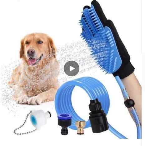 Blue handheld pet shower tool with massage gloves for dogs and cats