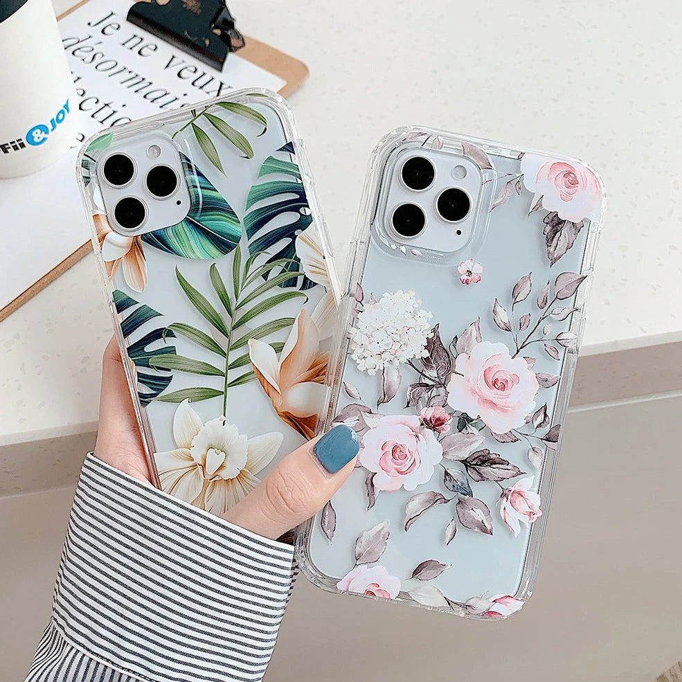 Orange silicone iPhone case with banana leaf watercolour pattern and electroplated camera cutout