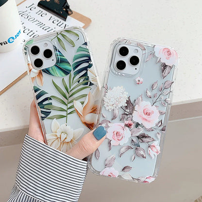 Orange silicone iPhone case with banana leaf watercolour pattern and electroplated camera cutout