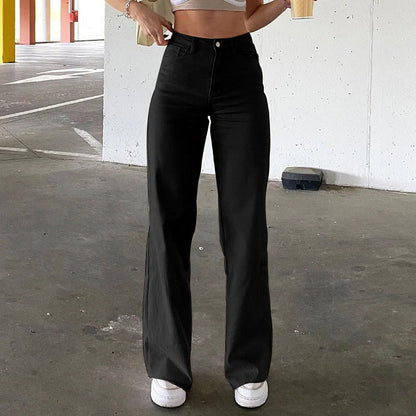 High waist slim jeans with bell bottoms in black, brown, and white