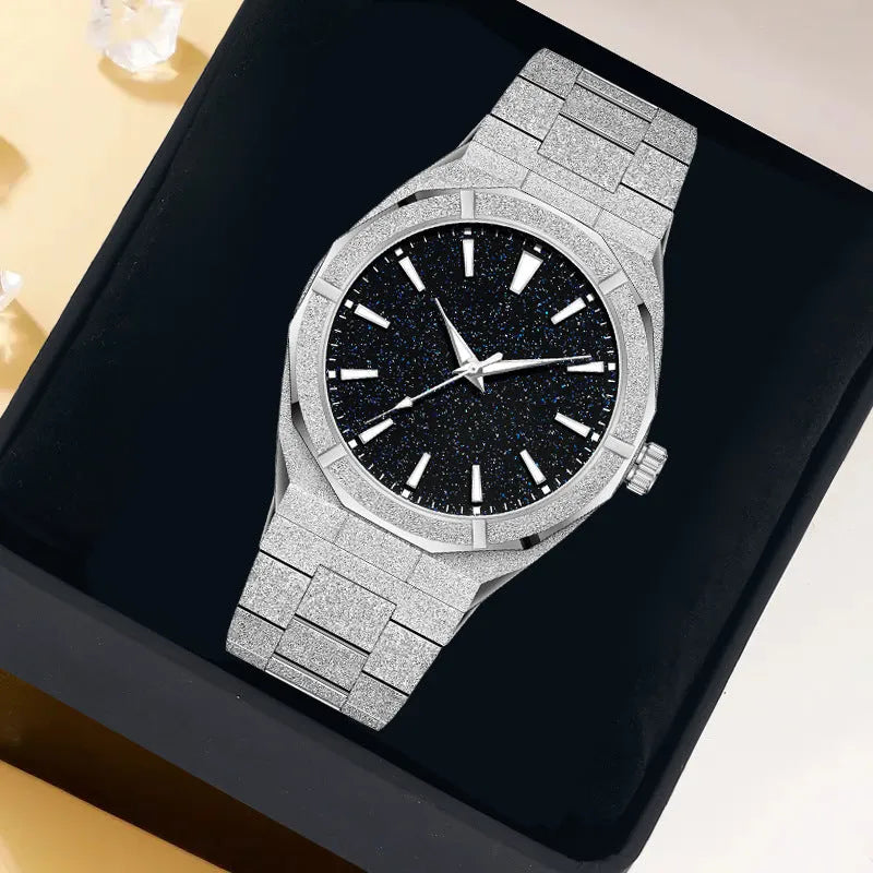 Men's frosted stainless steel business watch with luminous markers in silver colour option