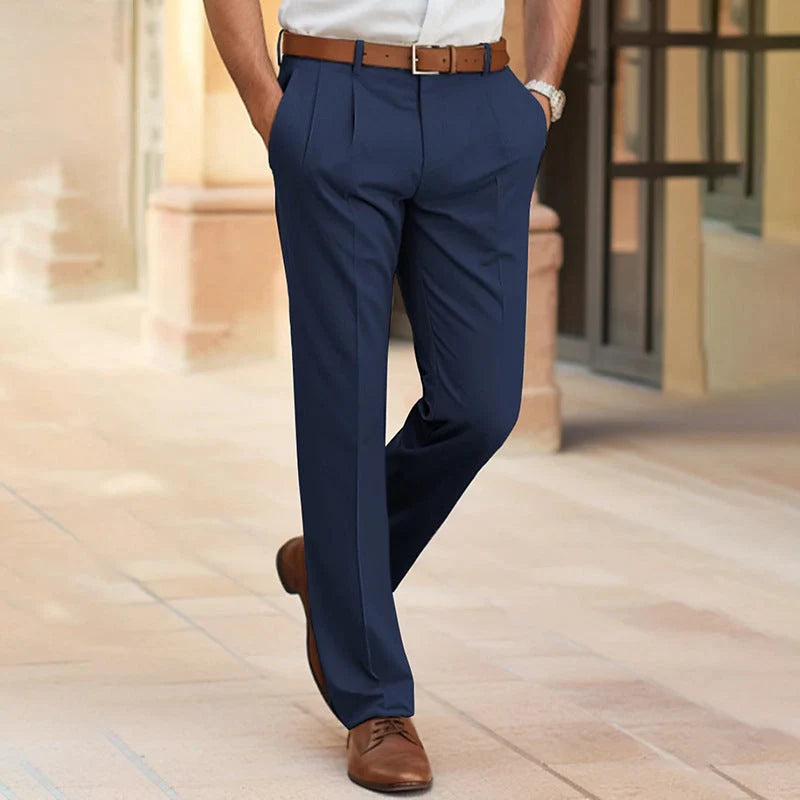 Men's straight cut trousers in navy blue, black, gray, and khaki for office wear