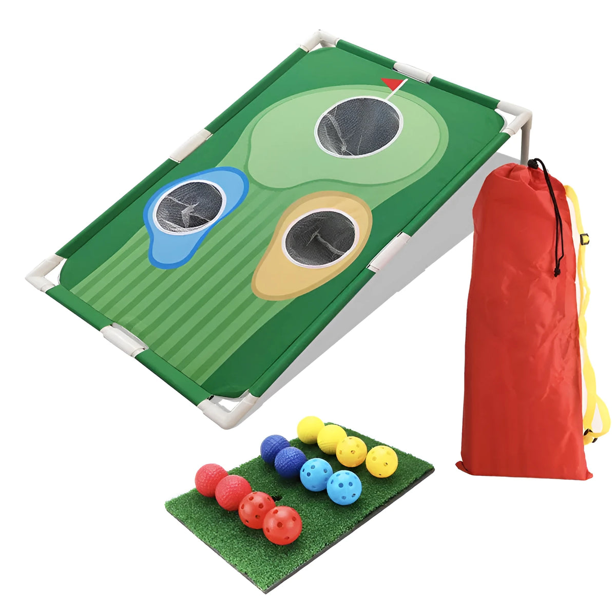 Green golf swing practice net with PVC frame and Oxford cloth target set up outdoors with balls and mat