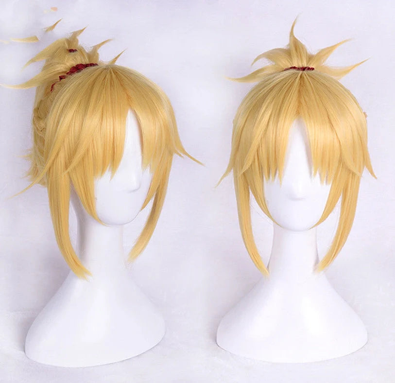 SUNCOS FGO Mordred yellow cosplay wig with 40cm long mechanically treated high-temperature wire hair