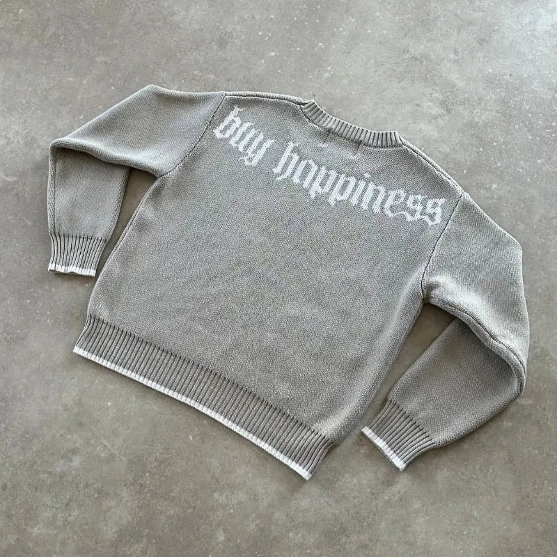 Grey jacquard knit pullover coat with loose fit and long sleeves for autumn winter wear