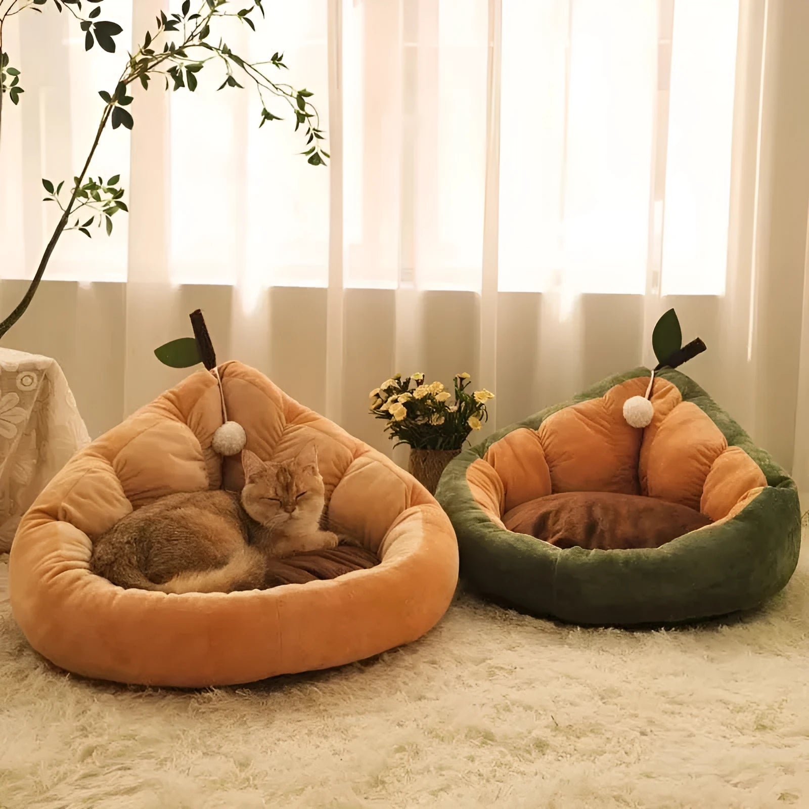Soft green pet bed kennel for cats with a removable cotton cushion inside