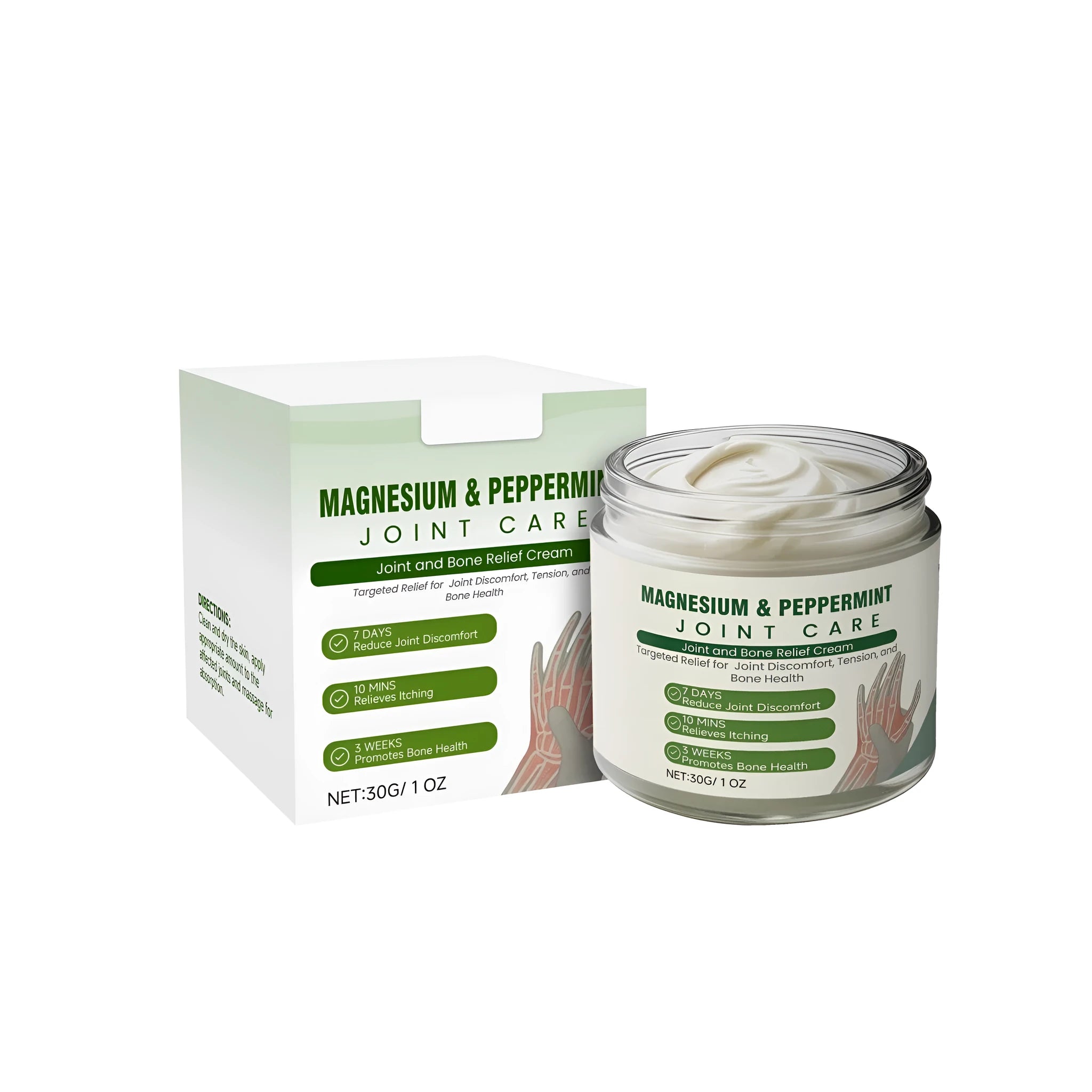 30g tube of joint and bone relief cream with mint leaves, arnica, and turmeric active ingredients