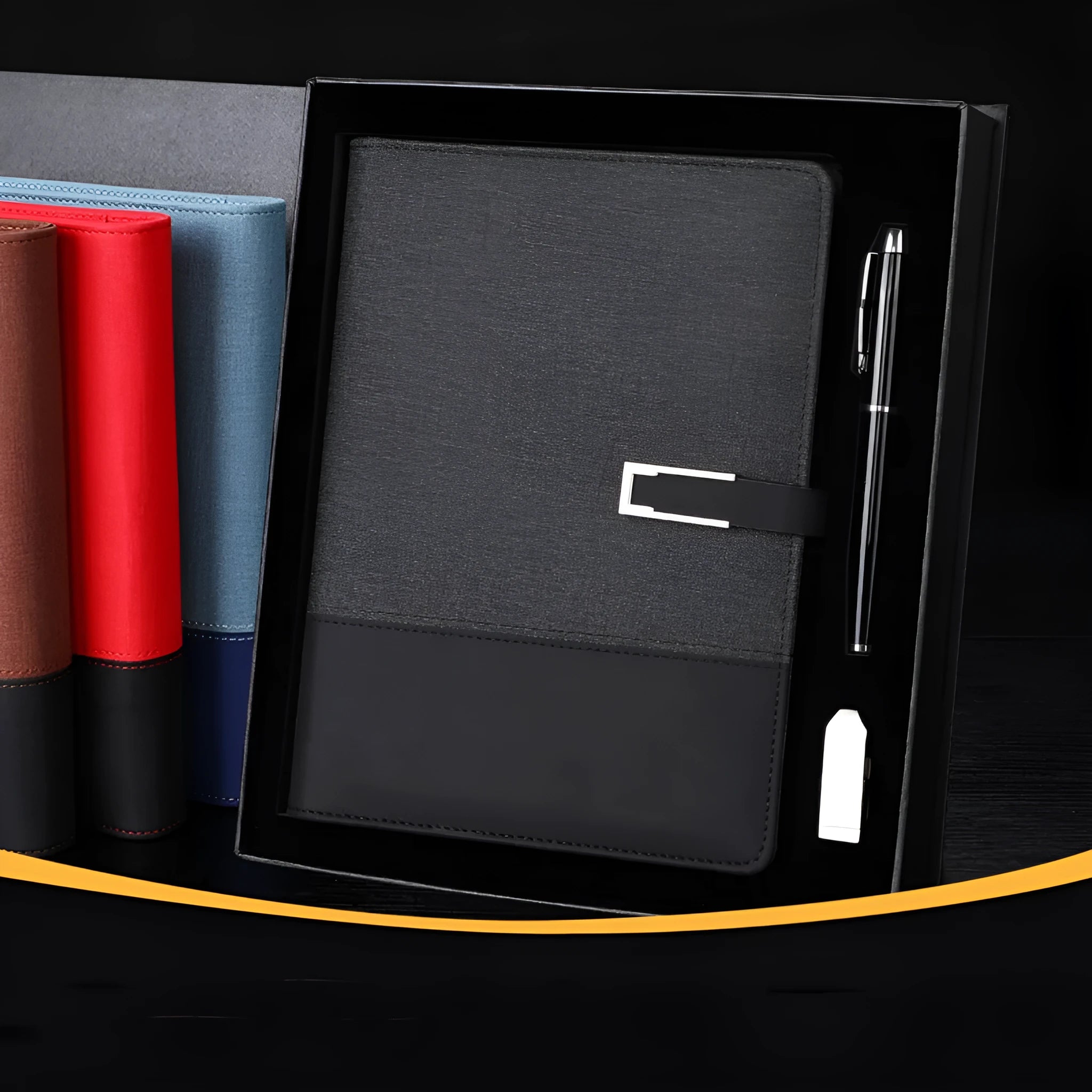 A5 soft PU leather business notebook in choice of five colours, shown with wood-free paper pages and optional gift box.