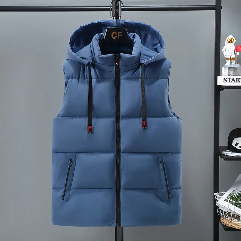 Men's thickened solid colour vest with a detachable hood, shown in blue.