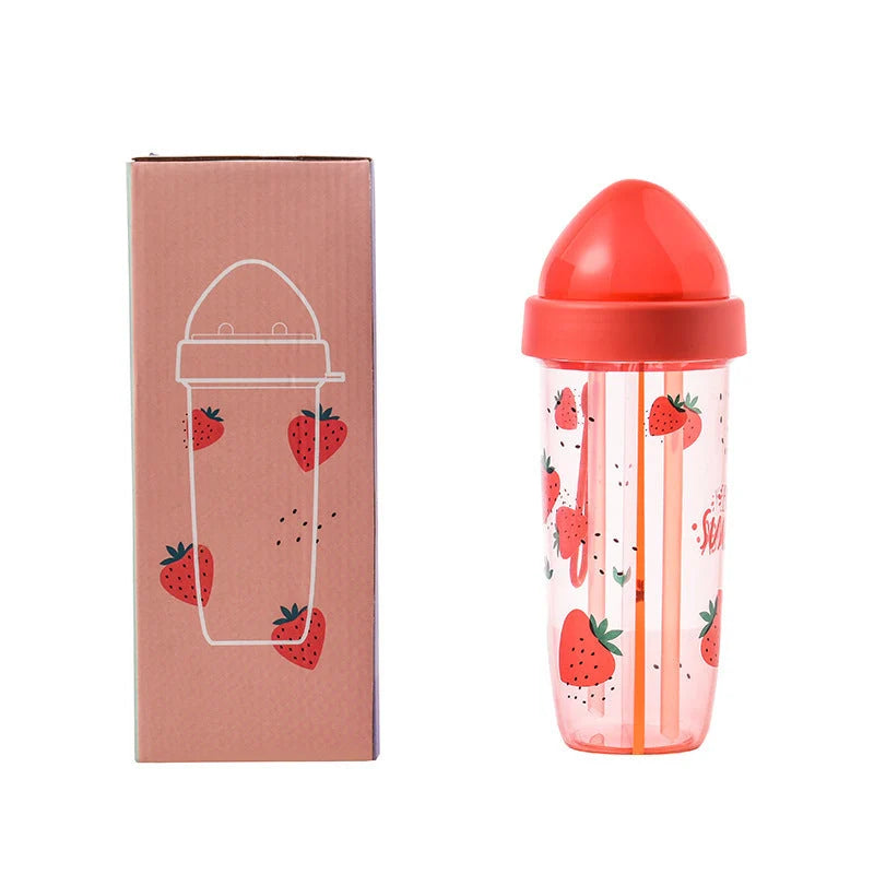 Double straw water cup with leak-proof design and cartoon patterns