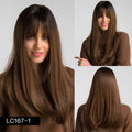 Women's long straight wig with Qi bangs in black gradient brown on a mannequin head